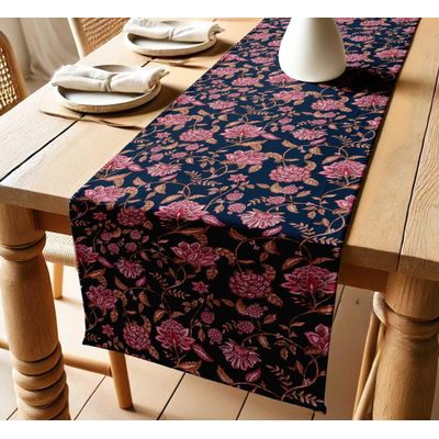 Caminho de Mesa em Sarja de Algodão, Design Floral Artesanal, Lavável, 36 cm de Largura para Cozinha, Sala de Estar e Eventos - Vargottam 35,56 Cm (L) × 228,6 Cm (C) / Azul