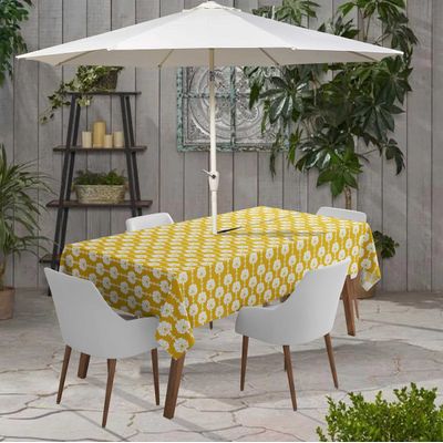 Toalhas de Mesa Impermeáveis para Uso Interno e Externo para Pátio - Capas Primavera/Verão para Quintal, Churrasco e Piquenique - Vargottam 147,32 Cm × 304,8 Cm – Com Furo Para Guarda-Sol / Amarelo