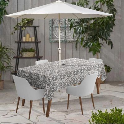 Toalha de Mesa Impermeável para Uso Interno e Externo, Pátio, Primavera/Verão, Mesa de Quintal/Churrascos/Piquenique - Vargottam 147,32 Cm × 147,32 Cm – Quadrado Com Furo Para Guarda-Sol / Cinza