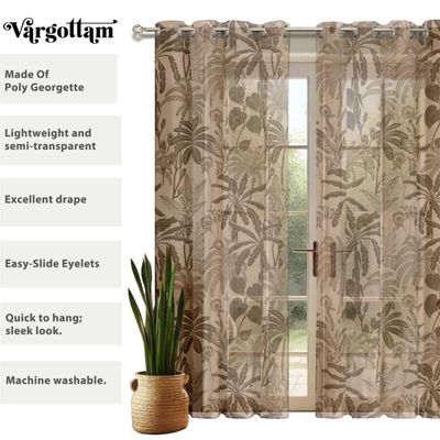 Cortinas Georgette Extra-Longas Estampa Tropical de Árvores para Janelas/Portas de Pé-Direito Duplo - 2 Painéis Ilhós Filtra Luz - Vargottam 132,08 Cm (L) × 228,6 Cm (C) / Bege