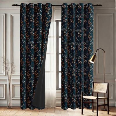 Cortinas Blackout Estampa Floral Vintage Azul, 2 Painéis - Escurecimento e Isolamento Térmico para Janela/Porta com Ilhós - Vargottam 132,08 Cm (L) × 213,36 Cm (C) / Azul