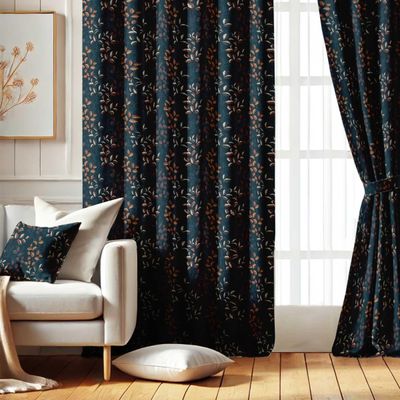 Cortinas Blackout Estampa Floral Vintage Azul, 2 Painéis - Escurecimento e Isolamento Térmico para Janela/Porta com Ilhós - Vargottam 132,08 Cm (L) × 213,36 Cm (C) / Azul