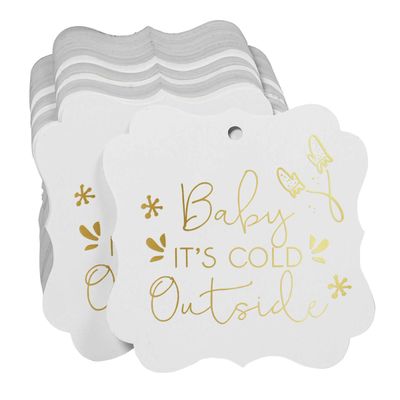 "Tags Pendentes Metalizadas ""Baby It's Cold Outside"" Para Lembrancinha de Chá de Bebê Formato Bracket - Inkdotpot" 50 Etiquetas Metalizadas / Branco - Ouro Rosé