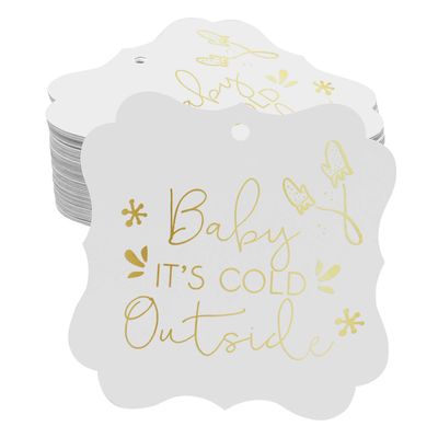 "Tags Pendentes Metalizadas ""Baby It's Cold Outside"" Para Lembrancinha de Chá de Bebê Formato Bracket - Inkdotpot" 50 Etiquetas Metalizadas / Branco - Ouro Rosé