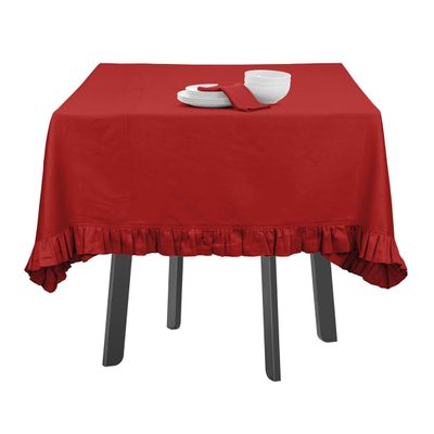 Toalha de Mesa Redonda com Babados em Algodão, Capa Protetora Lisa, Estilo Farmhouse, Lavável, Vermelha - Vargottam 137,16 Cm × 203,2 Cm – Retangular / Vermelho