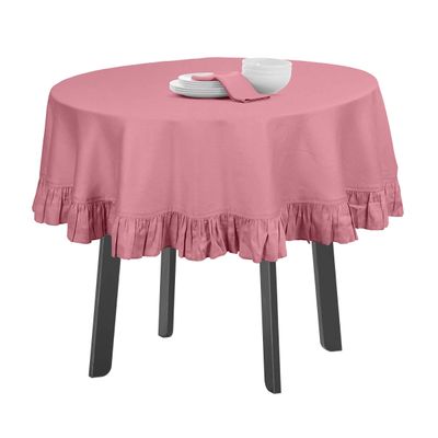 Toalha Redonda de Mesa de Algodão com Babados, Capa Protetora Lisa Lavável Estilo Rústico, Rosa - Vargottam 162,56 Cm – Redondo / Rosa
