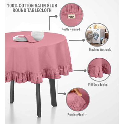 Toalha Redonda de Mesa de Algodão com Babados, Capa Protetora Lisa Lavável Estilo Rústico, Rosa - Vargottam 162,56 Cm – Redondo / Rosa