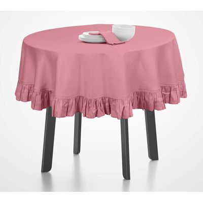 Toalha Redonda de Mesa de Algodão com Babados, Capa Protetora Lisa Lavável Estilo Rústico, Rosa - Vargottam 162,56 Cm – Redondo / Rosa