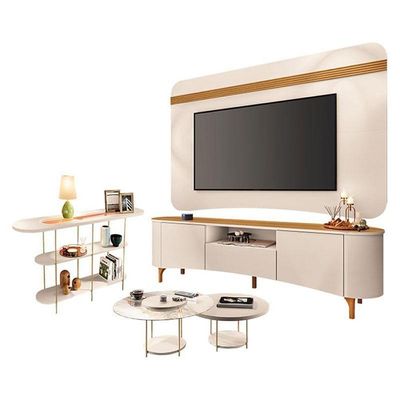 Rack Bancada Elara E Painel Armony Off White Cinamomo E Kit Mesa De Centro Sky E Aparador Infinity Off White - Hb Móveis