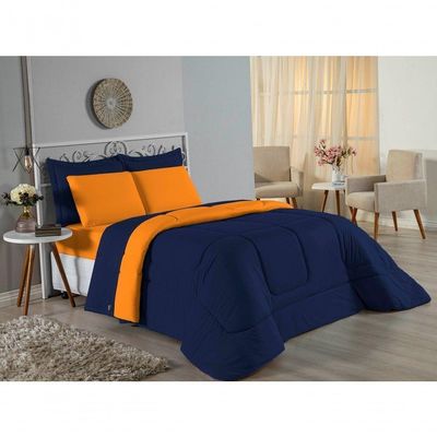 Kit Edredom Dupla Face + Jogo De Lençol Casal Viúva Nobre 6 Peças Malha 100% Algodão - Azul-marinho / Laranja