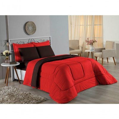 Kit Edredom Dupla Face + Jogo De Lençol Casal Nobre 7 Peças Malha 100% Algodão - Vermelho / Marrom