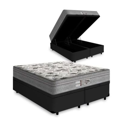 Cama Box Baú Casal Bipartido - Tecido Sintético Preto Colchão De Molas Ensacadas - Probel - Evolution