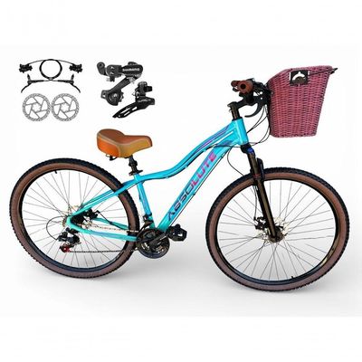 Bicicleta Aro 29 Feminina Absolute Hera Retrô Vintage Shimano 21v Hidráulica Confortável Cesta Azul-verde Tamano 15