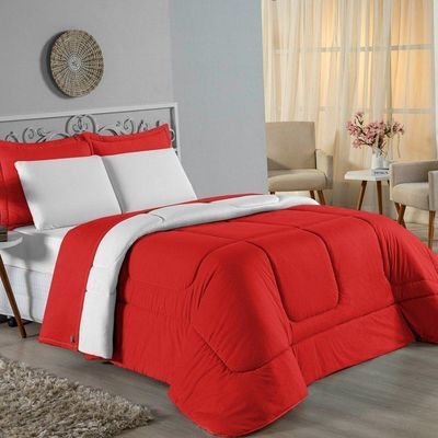 Kit Edredom Dupla Face + Jogo De Lençol Casal Nobre 6 Peças Malha 100% Algodão - Vermelho / Branco