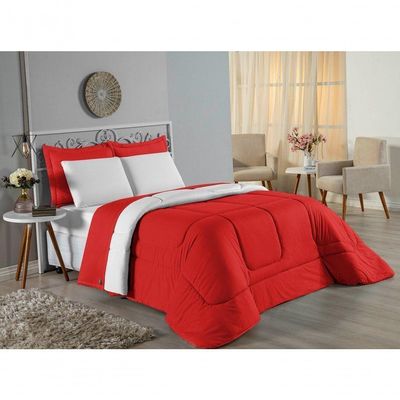 Kit Edredom Dupla Face + Jogo De Lençol Casal Nobre 6 Peças Malha 100% Algodão - Vermelho / Branco