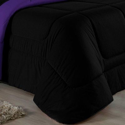 Kit Edredom Dupla Face + Jogo De Lençol Casal Nobre 6 Peças Malha 100% Algodão - Preto / Roxo