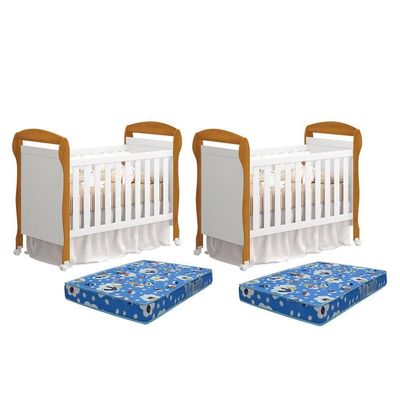 Kit Gêmeos Berço Mini Cama Danny Branco/savana Com Colchões Baby Physical - Reller Móveis Branco/savana