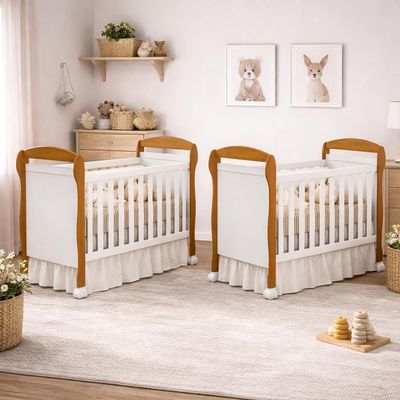 Kit Gêmeos Berço Mini Cama Danny Branco/savana Com Colchões Baby Physical - Reller Móveis Branco/savana