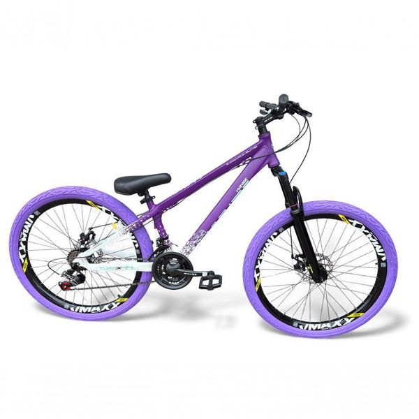 Bicicleta aro26 Vikingx Tuff Freeride 21v aroVmaxx FreioDisco Garfo Suspensão Pneu Flame RoxoBranco