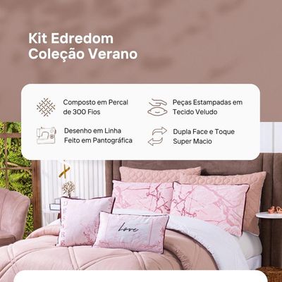 Kit Edredom King Verano Com Almofadas Estampadas 07 Peças - Dupla Face Percal 300 Fios Cor Love