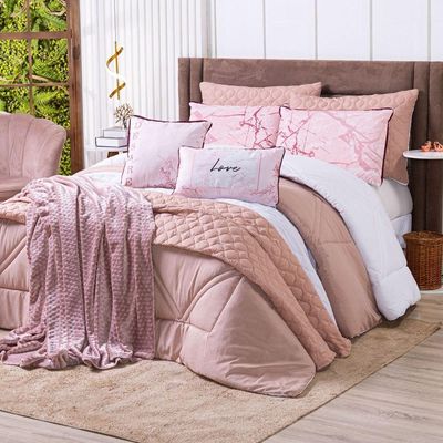 Kit Edredom King Verano Com Almofadas Estampadas 07 Peças - Dupla Face Percal 300 Fios Cor Love