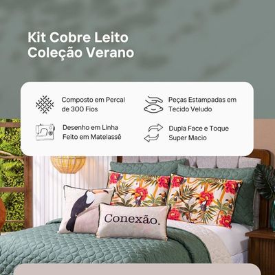 Kit Cobre Leito Colcha Queen Verano Com Almofadas Estampadas 07 Peças - Dupla Face Percal 300 Fios Matelado Cor Tucano