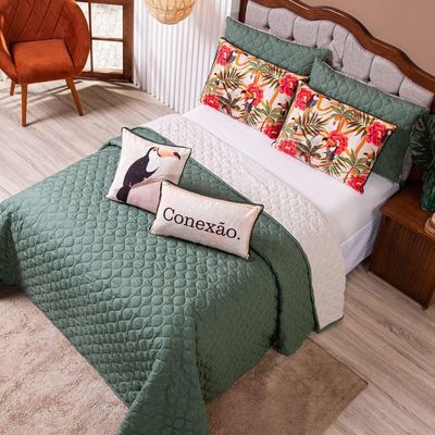 Kit Cobre Leito Colcha Queen Verano Com Almofadas Estampadas 07 Peças - Dupla Face Percal 300 Fios Matelado Cor Tucano