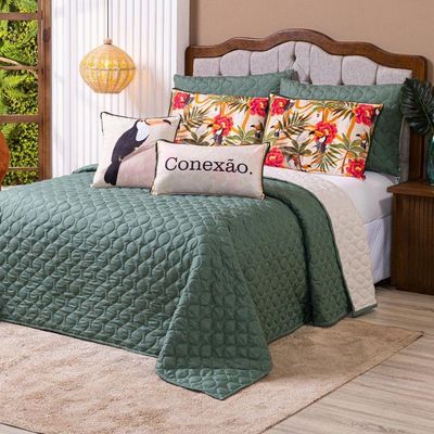 Kit Cobre Leito Colcha Queen Verano Com Almofadas Estampadas 07 Peças - Dupla Face Percal 300 Fios Matelado Cor Tucano