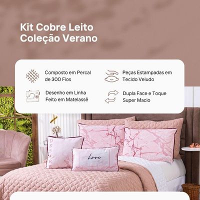 Kit Cobre Leito Colcha Solteiro Verano Com Almofadas Estampadas 05 Peças - Dupla Face Percal 300 Fios Matelado Cor Love