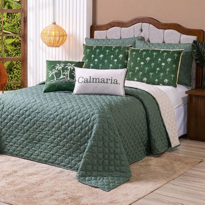 Kit Cobre Leito Colcha Queen Verano Com Almofadas Estampadas 07 Peças - Dupla Face Percal 300 Fios Matelado Cor Coqueiro