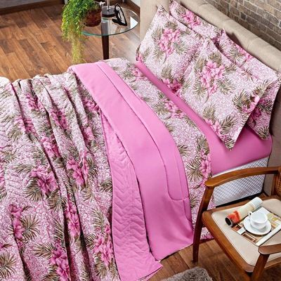Kit Cobre Leito Colcha Queen Estampado Munique Floral Púrpura Dupla Face Com Fronhas 03 Peças - Percal Algodão 120 Fios