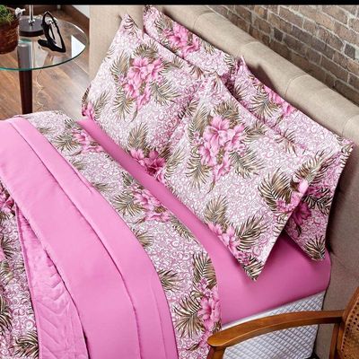 Kit Cobre Leito Colcha Queen Estampado Munique Floral Púrpura Dupla Face Com Fronhas 03 Peças - Percal Algodão 120 Fios