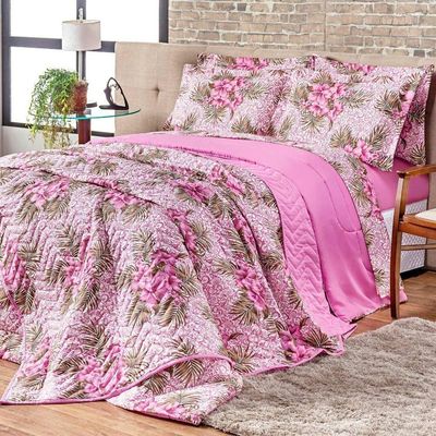 Kit Cobre Leito Colcha Queen Estampado Munique Floral Púrpura Dupla Face Com Fronhas 03 Peças - Percal Algodão 120 Fios