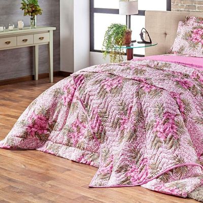 Kit Cobre Leito Colcha Queen Estampado Munique Floral Púrpura Dupla Face Com Fronhas 03 Peças - Percal Algodão 120 Fios