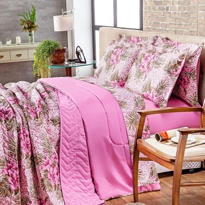 Kit Cobre Leito Colcha Queen Estampado Munique Floral Púrpura Dupla Face Com Fronhas 03 Peças - Percal Algodão 120 Fios