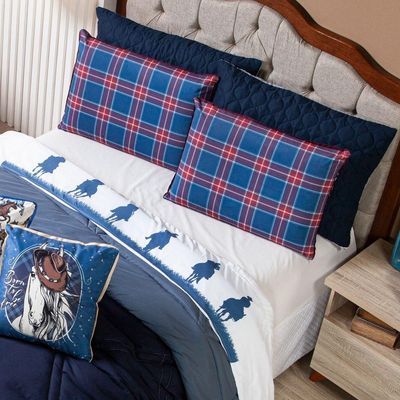 Jogo De Cama Lençol Solteiro Country Com Fronha Estampada 03 Peças - Tecido Percal 200 Fios Cor Azul