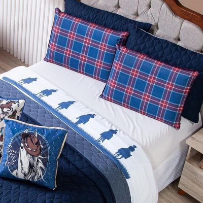 Jogo De Cama Lençol Solteiro Country Com Fronha Estampada 03 Peças - Tecido Percal 200 Fios Cor Azul