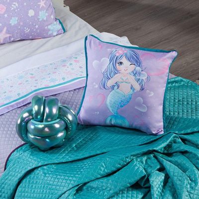 Kit Cobre Leito Colcha Casal Padrão Sereia Tiffany/lilás Dupla Face Com Almofadas 07 Peças