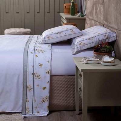 Jogo De Cama Lençol King Maya Branco/caqui Com Fronhas E Virol Estampados 04 Peças - Percal 200 Fios