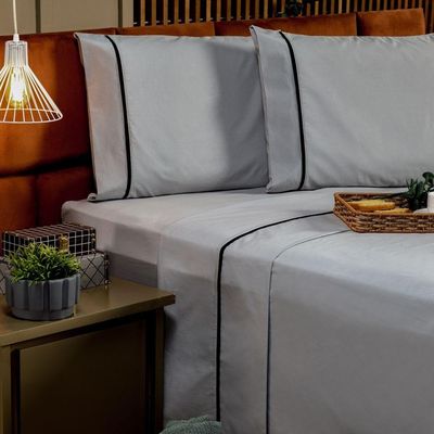 Jogo De Cama Lençol Queen Milano Liso Com Fronhas Viés 04 Peças - Percal Algodão 200 Fios Cor Cinza