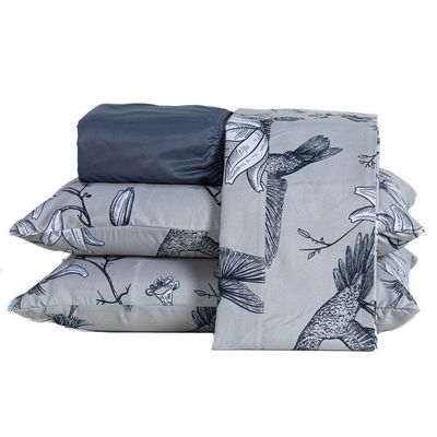 Jogo De Cama Lençol Solteiro Estampado Beija-flor Azul/cinza Com Fronha 03 Peças - Percal Soft 300 Fios Acetinado