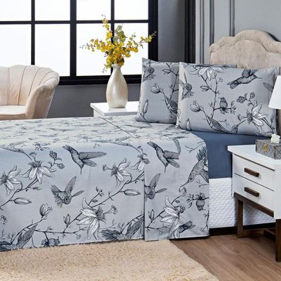 Jogo De Cama Lençol Solteiro Estampado Beija-flor Azul/cinza Com Fronha 03 Peças - Percal Soft 300 Fios Acetinado