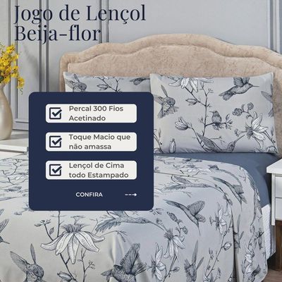 Jogo De Cama Lençol Solteiro Estampado Beija-flor Azul/cinza Com Fronha 03 Peças - Percal Soft 300 Fios Acetinado