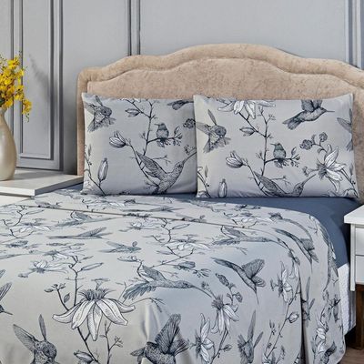 Jogo De Cama Lençol Solteiro Estampado Beija-flor Azul/cinza Com Fronha 03 Peças - Percal Soft 300 Fios Acetinado
