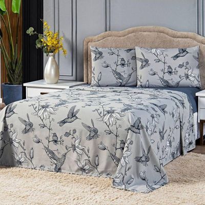 Jogo De Cama Lençol Solteiro Estampado Beija-flor Azul/cinza Com Fronha 03 Peças - Percal Soft 300 Fios Acetinado
