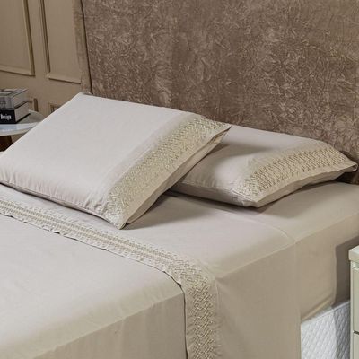 Jogo De Cama Lençol King Harmony Bordado Geométrico Percal 300 Fios Com Fronhas 04 Peças - Toque Acetinado Cor Caqui