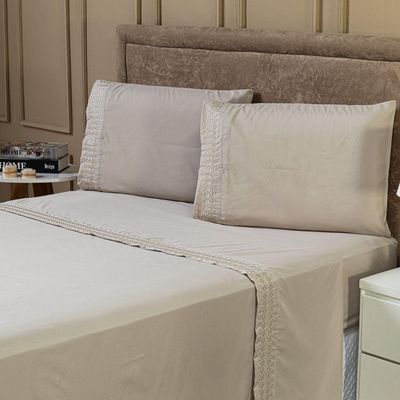 Jogo De Cama Lençol King Harmony Bordado Geométrico Percal 300 Fios Com Fronhas 04 Peças - Toque Acetinado Cor Caqui