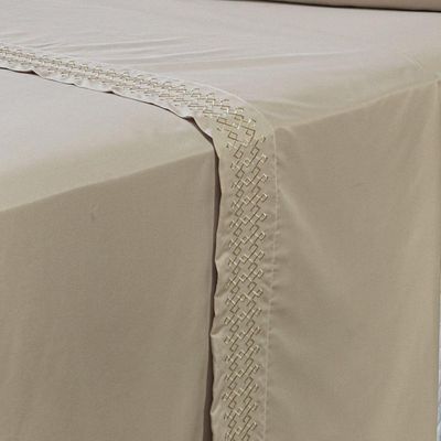 Jogo De Cama Lençol King Harmony Bordado Geométrico Percal 300 Fios Com Fronhas 04 Peças - Toque Acetinado Cor Caqui
