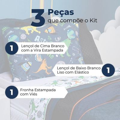 Jogo De Cama Lençol Solteiro Astrodino Branco/azul Marinho Com Fronha E Virol Estampados 03 Peças - Percal 200 Fios