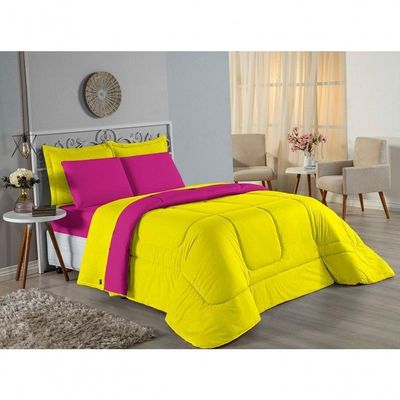 Kit Edredom Dupla Face + Jogo De Lençol Casal Viúva Nobre 6 Peças Malha 100% Algodão - Amarelo / Pink